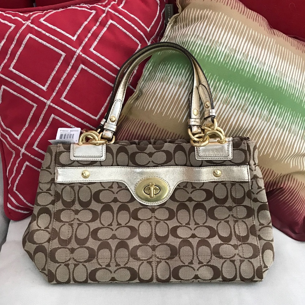 COACH khaki signature satchel handbag tote